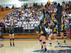 Steinbrenner's volleyball team celebrates in front of Durant's student section. The Warriors were the first team to beat Durant this year.
