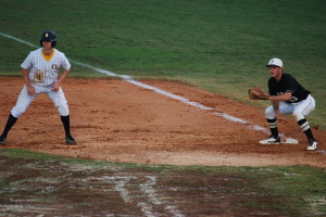 Kevin Merrell leads off at first base against the Plant Panthers.