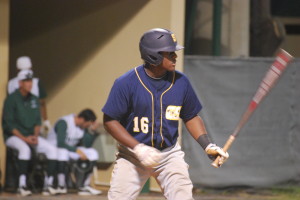 Mijon Cummings looking at the opposing pitcher. Cummings drove in two RBI's in Fridays game.