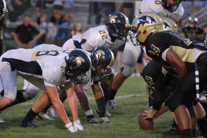 The Steinbrenner defense lines up against the Alonso offensive line preparing for the play to begin.  The Steinbrenner defense had two interceptions in Friday's game, one of which was a pic-six but was called back because of a pass interference penalty. 