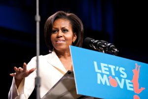 First Lady, Michelle Obama delivers her message of healthy eating. Her lunch program titled "Let's Move" aims at lowering childhood obesity in America.