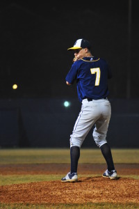 Ryan Fatzinger pitches the ball in the bottom of the seventh inning as he tries for his first save of the season. Fatzinger, the Steinbrenner ace struck out two batters and runners reached first and second safely.