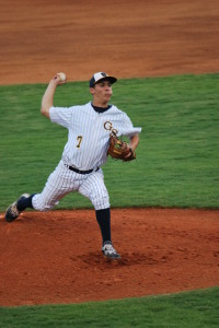 Ryan Fatzinger pitches to Gaither during the top of the first Thursday night. He added a win to his record thanks to Andrew Lindsay's two RBI double.