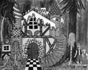 Junior Erin Fesler's piece depicts the mythical tale of Hansel and Gretel with a surreal flare.