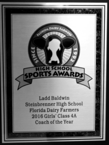 The Florida Dairy Farmers High School Award plaque the Coach Ladd Baldwin received after he won Coach of the Year